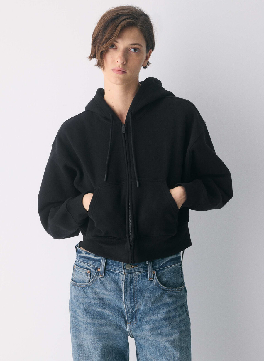 cozy sweatfleece boyfriend boxy zip hoodie black