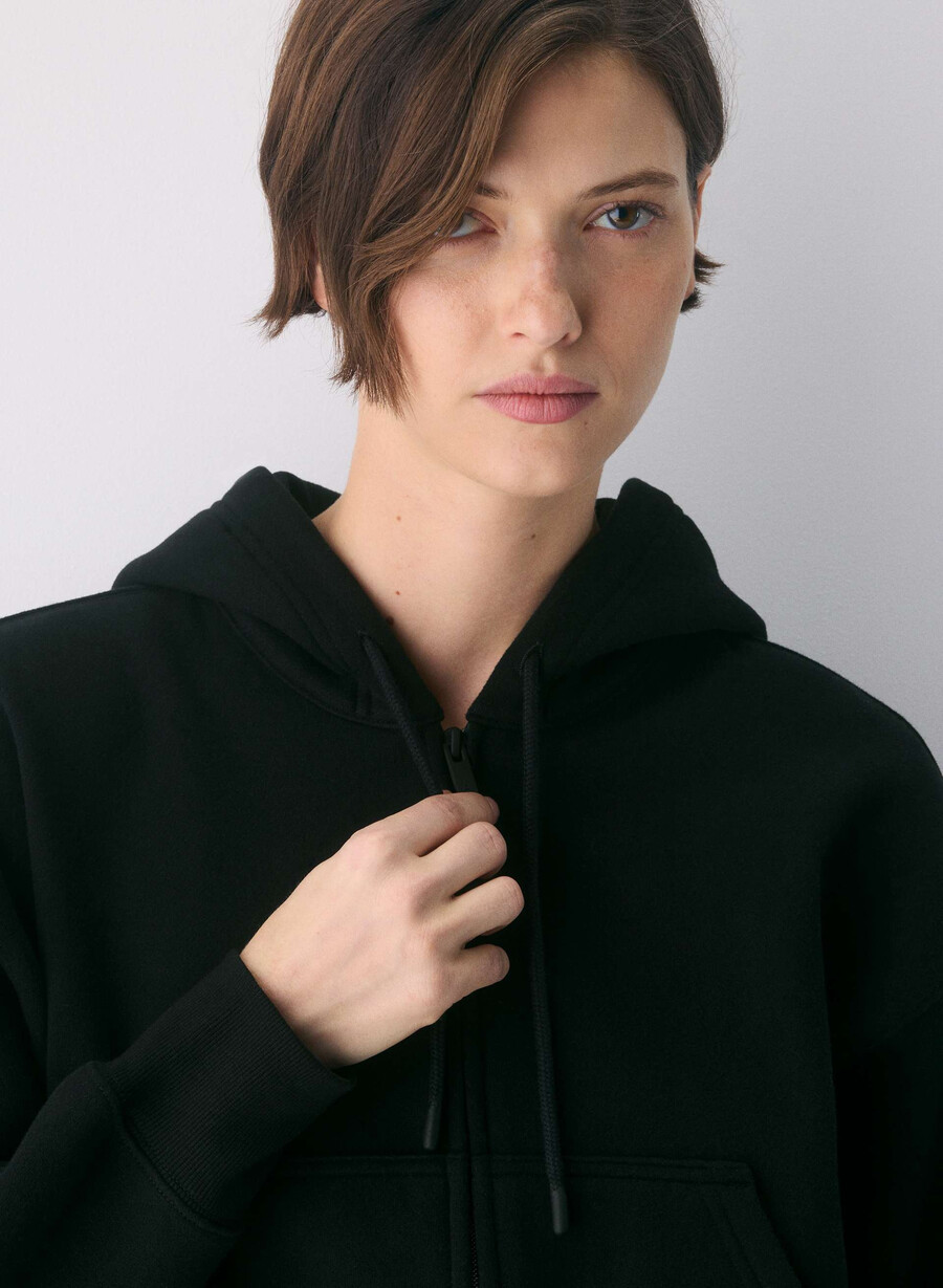 cozy sweatfleece boyfriend boxy zip hoodie black