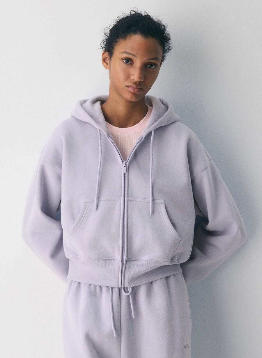 cozy sweatfleece boyfriend boxy zip hoodie wildflower lilac