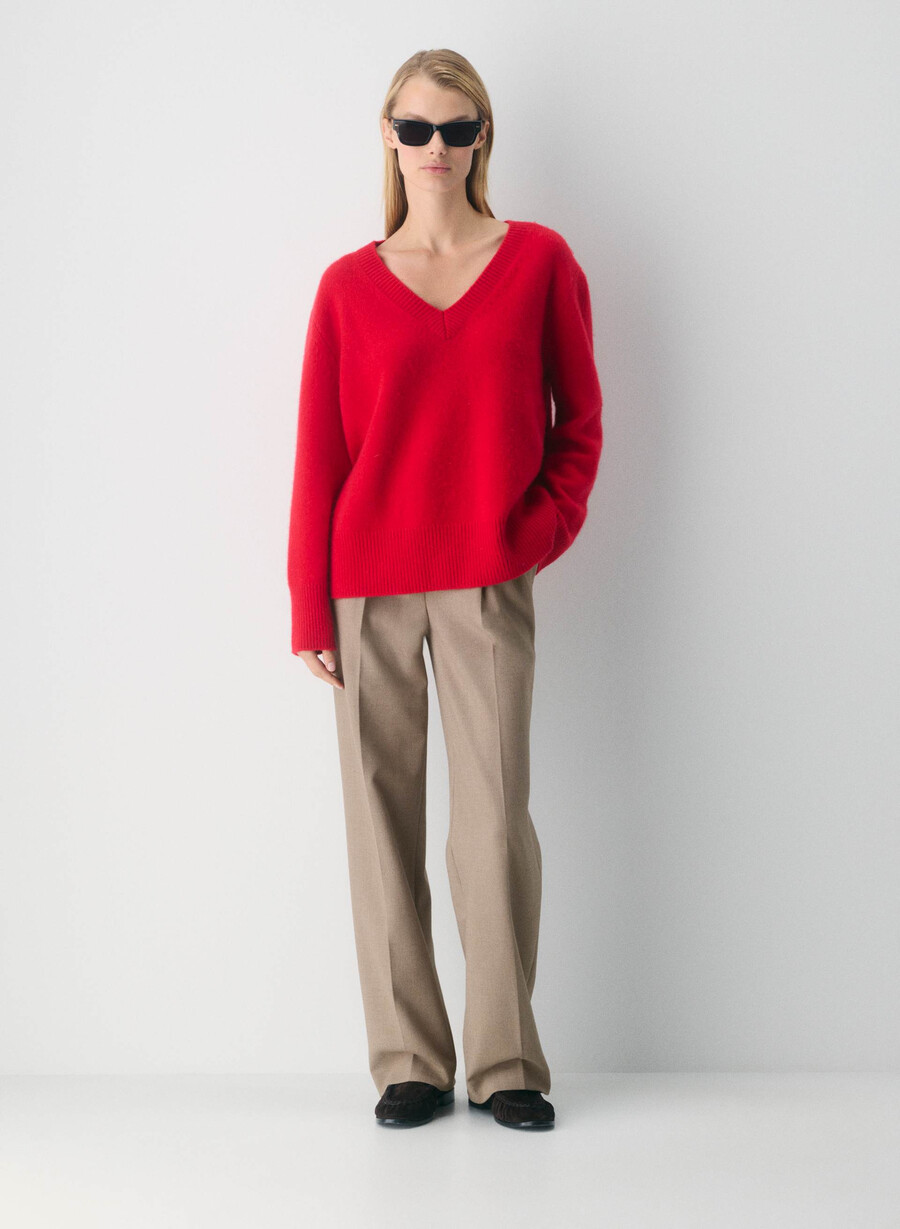 plush cashmere oversized v-neck sweater flashing red