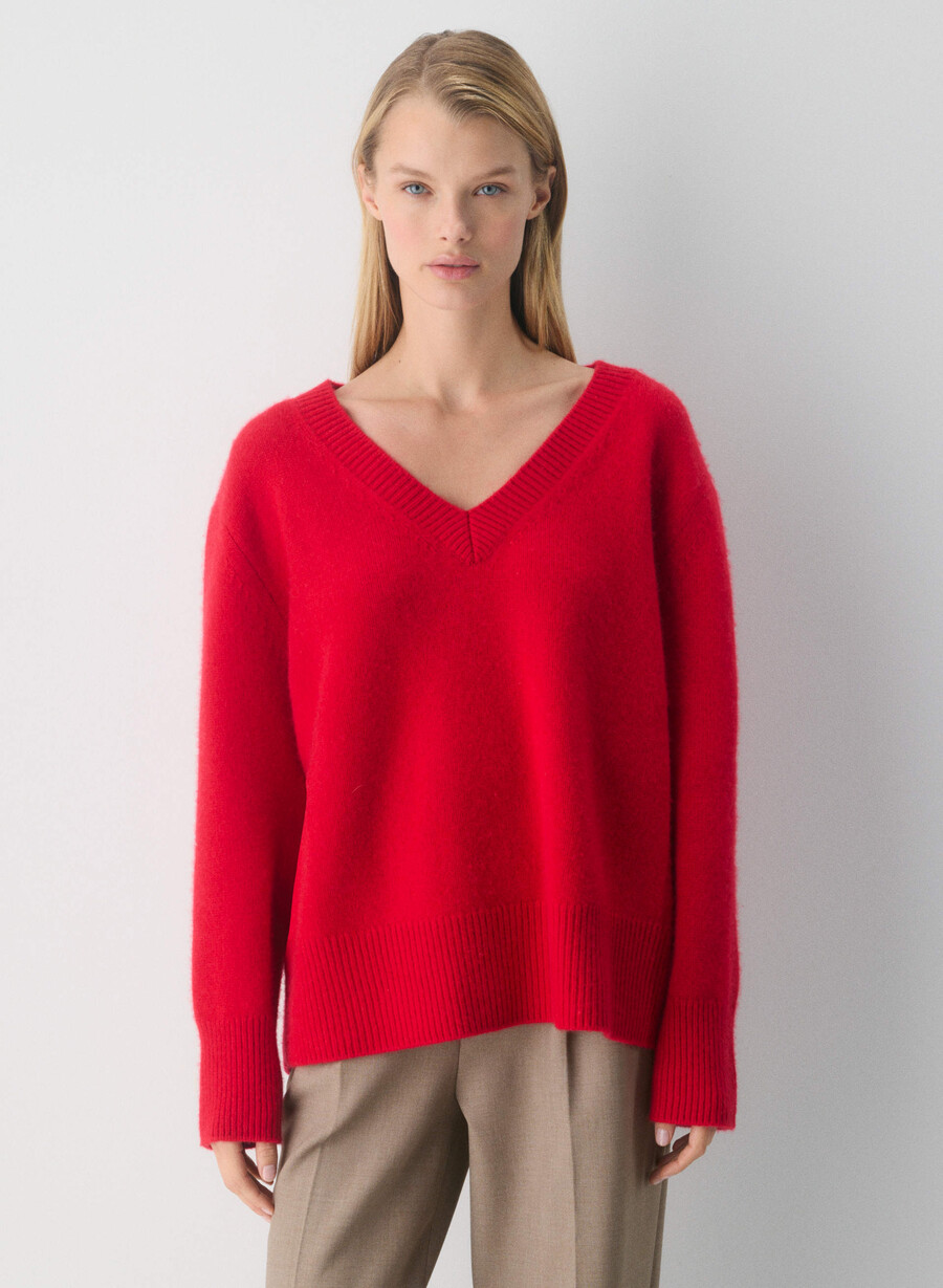 plush cashmere oversized v-neck sweater flashing red
