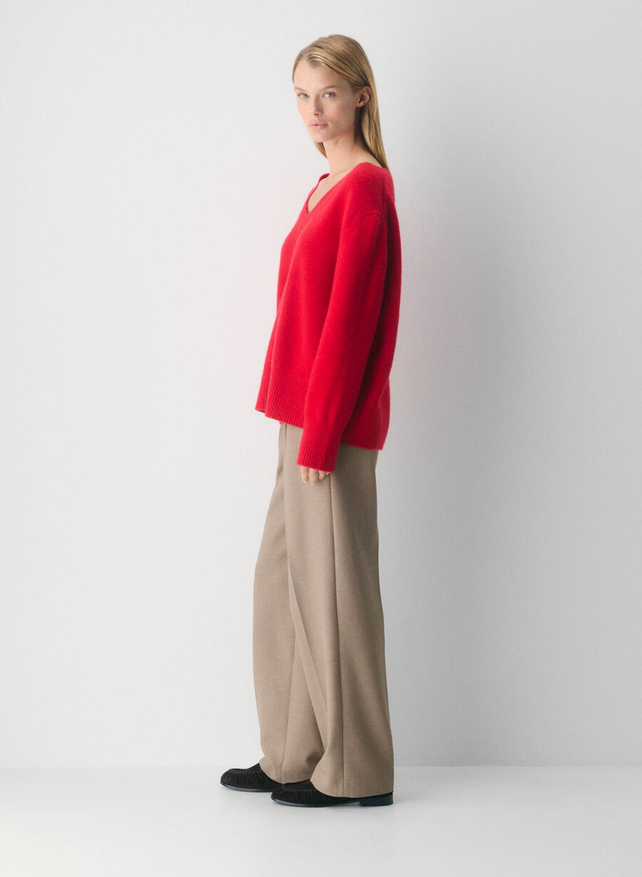 plush cashmere oversized v-neck sweater flashing red