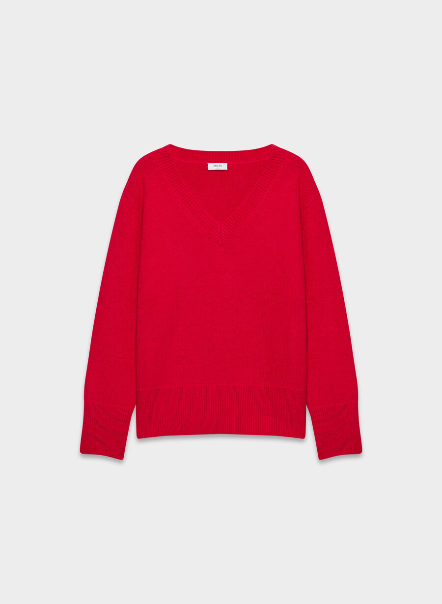 plush cashmere oversized v-neck sweater flashing red