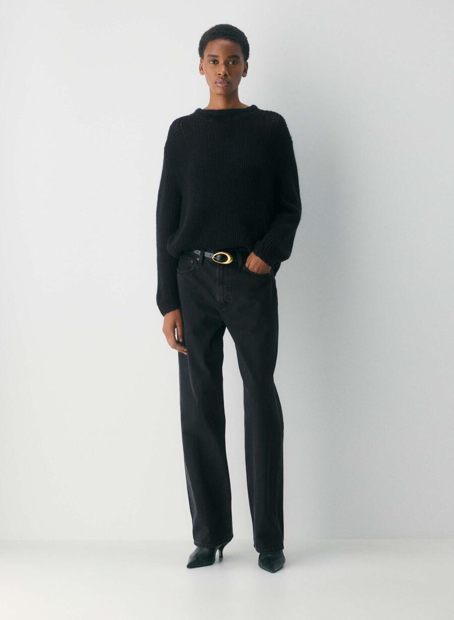 mesh cashmere oversized crew sweater black