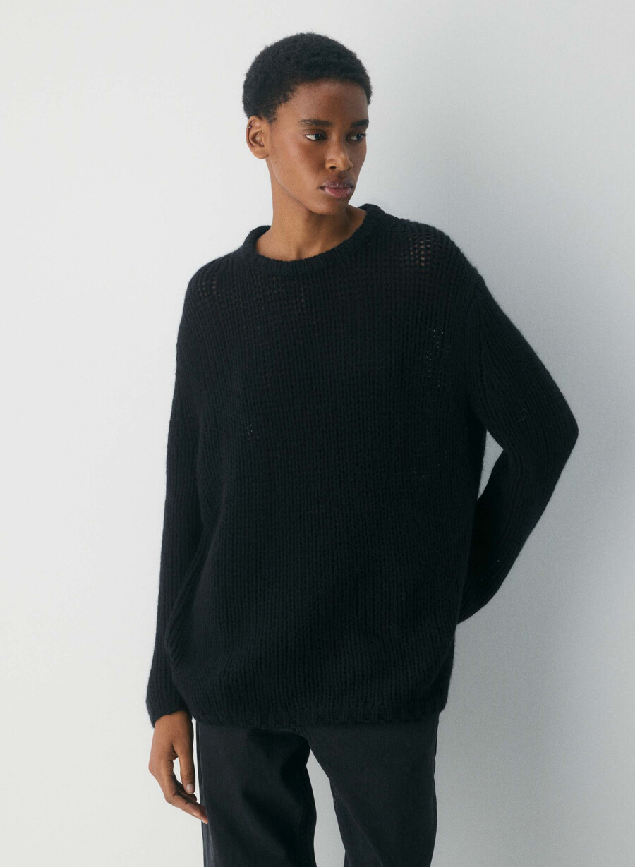 mesh cashmere oversized crew sweater black