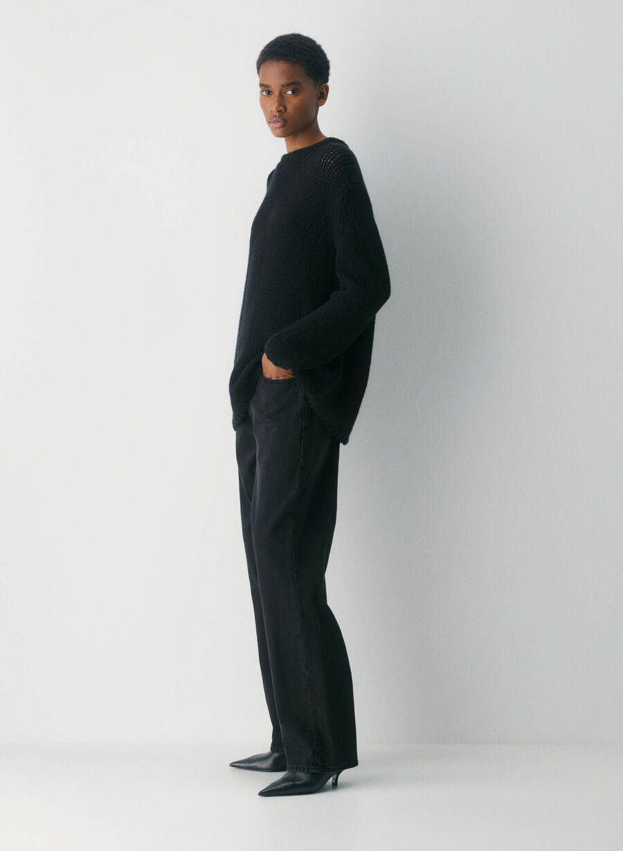 mesh cashmere oversized crew sweater black