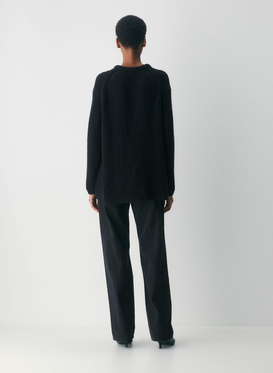 mesh cashmere oversized crew sweater black