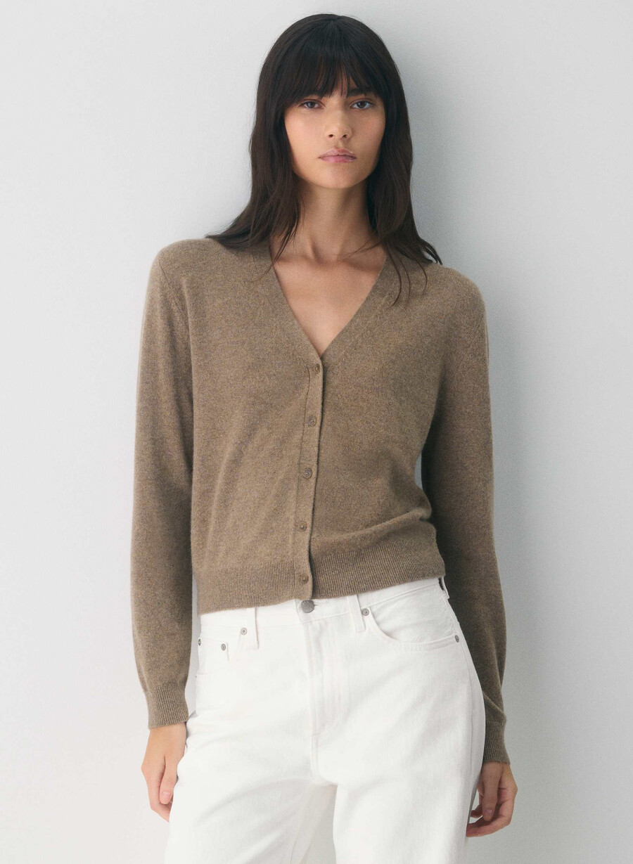 bare cashmere v-neck cardigan heather folio brown