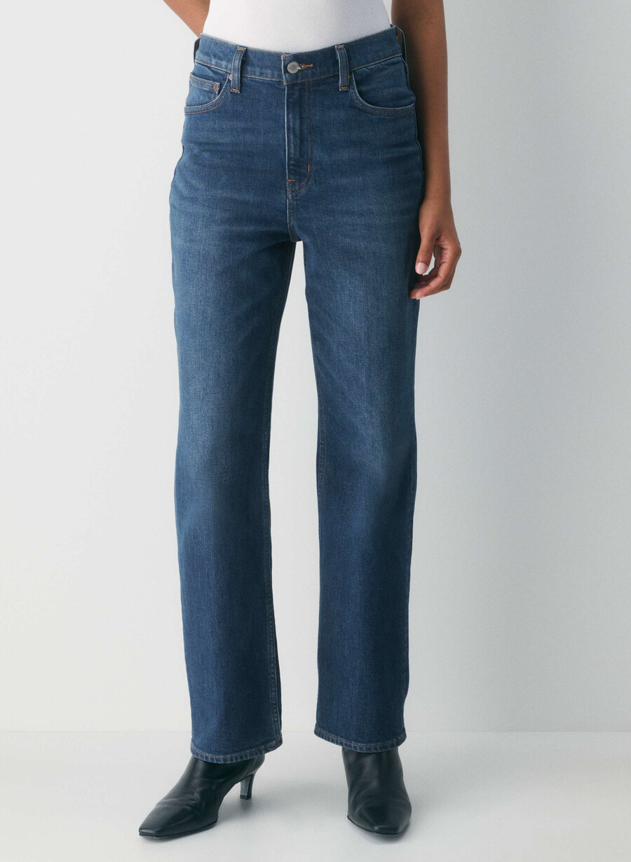 denim forum the arlo hi-rise straight jean be about dark bleu