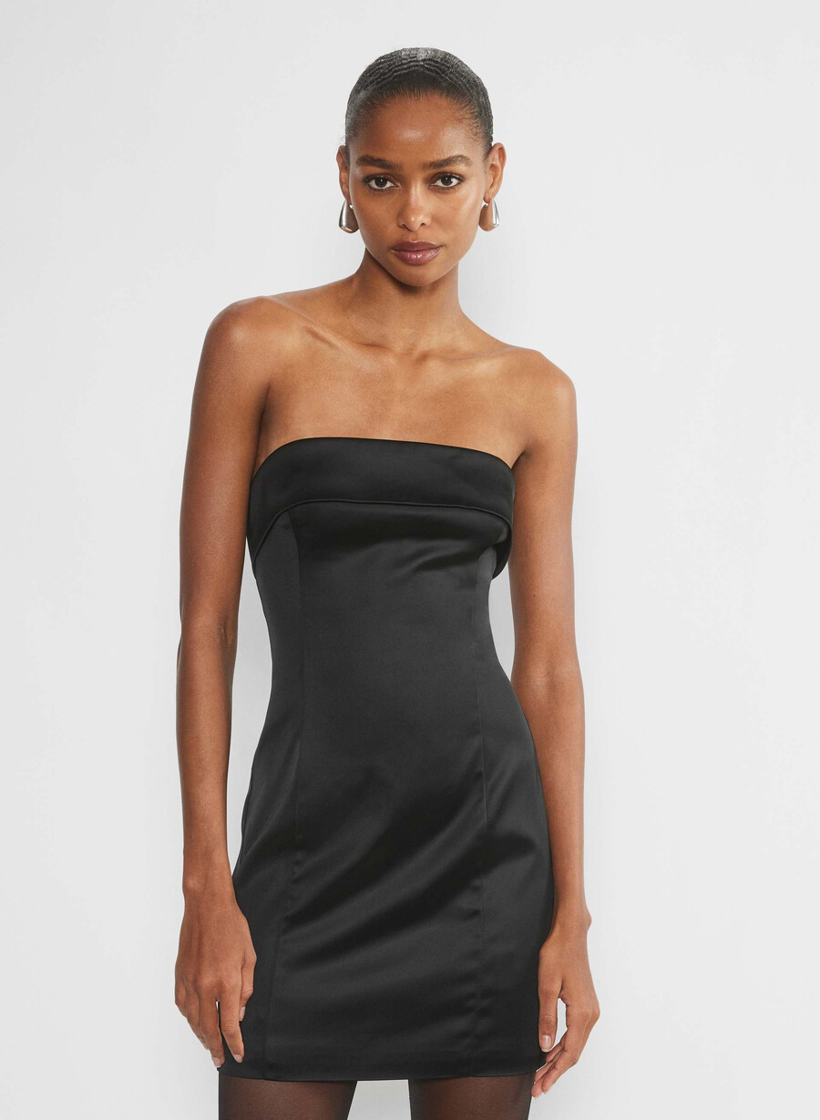 shimmer satin tube dress black