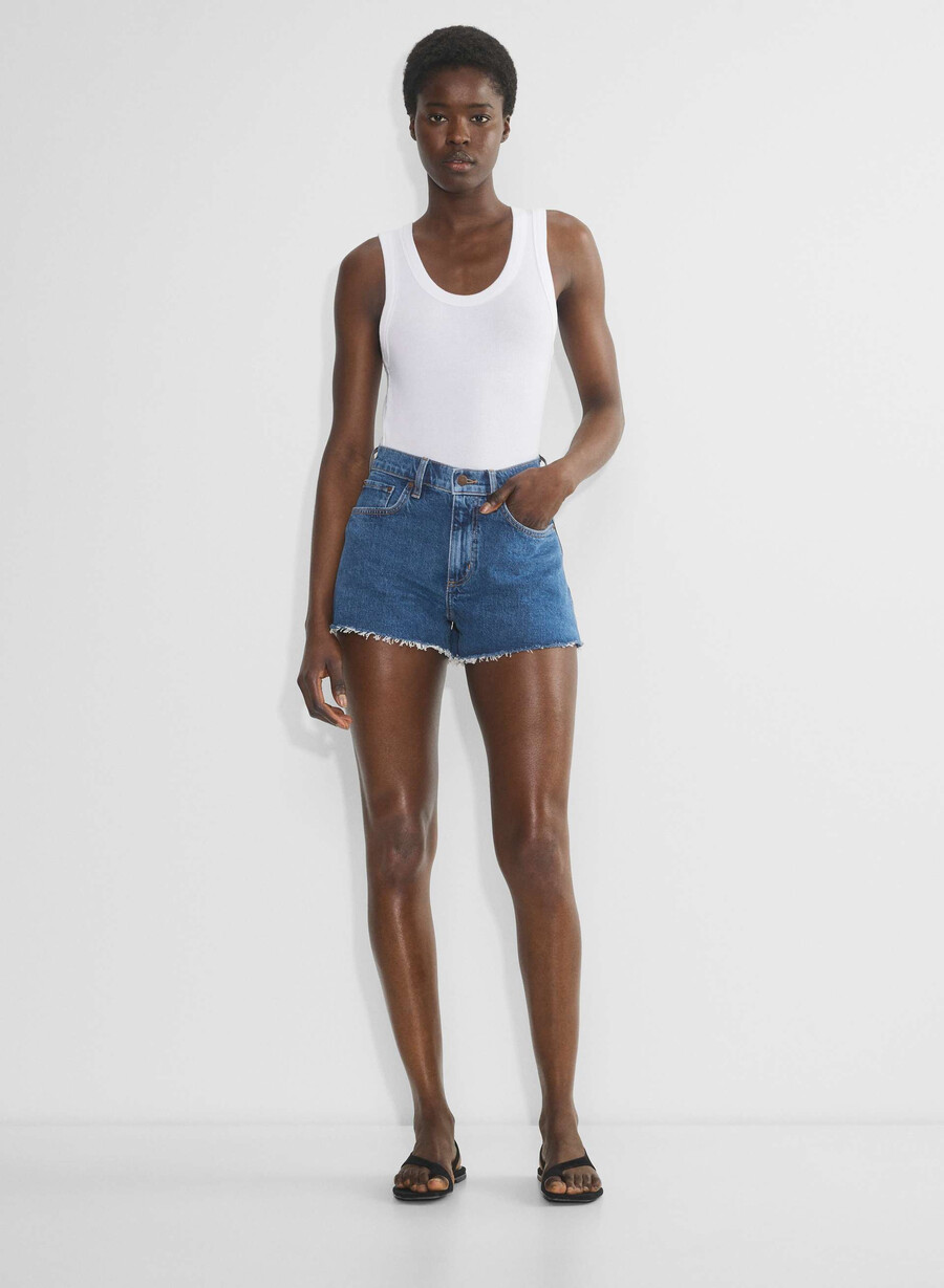 denim forum jodie curve-fit hi-rise mini denim short no-stress medium blu