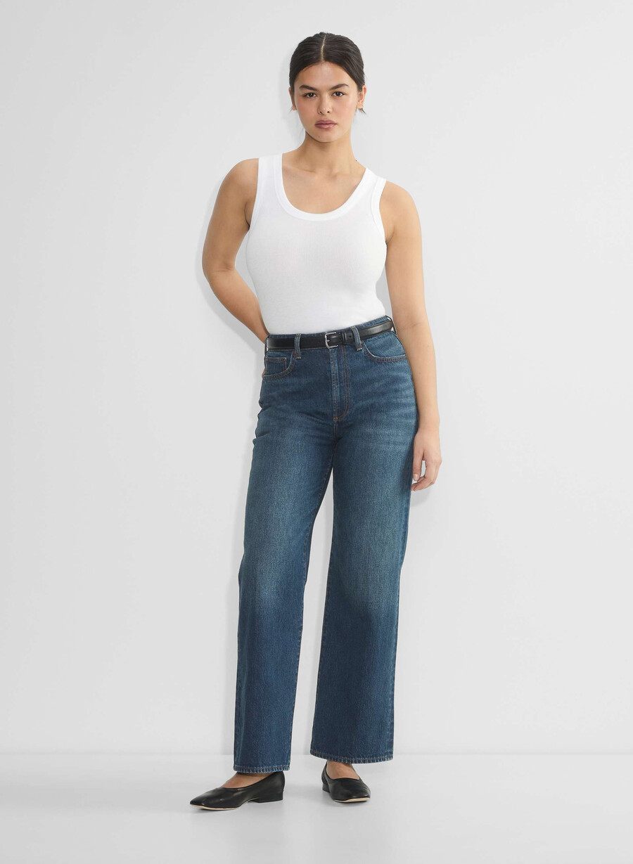 denim forum the farrah curve-fit hi-rise wide jean be about dark bleu