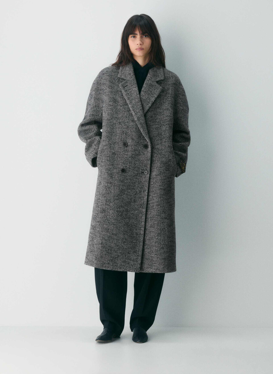 the slouch coat - soft wool cashmere herringbone blkwht