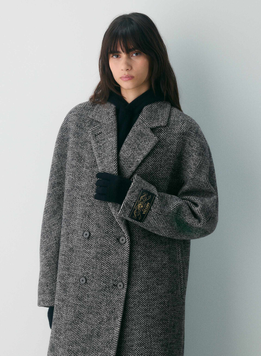 the slouch coat - soft wool cashmere herringbone blkwht