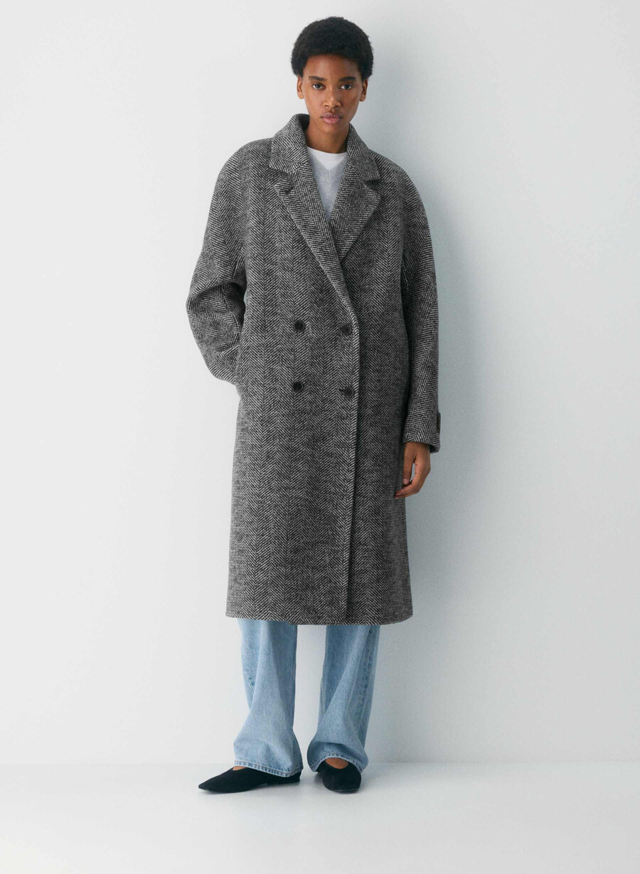 the slouch coat - soft wool cashmere herringbone blkwht