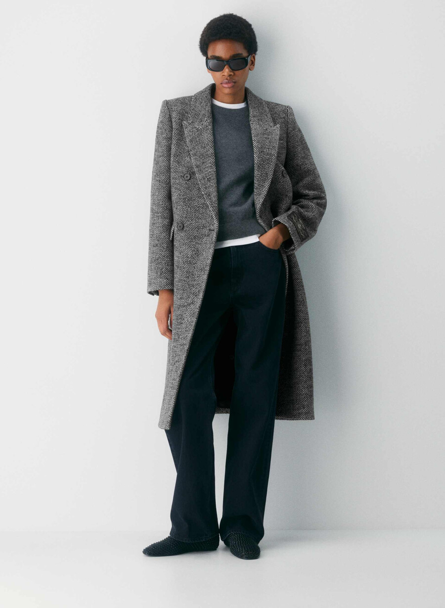 the constant coat - soft wool cashmere herringbone blkwht