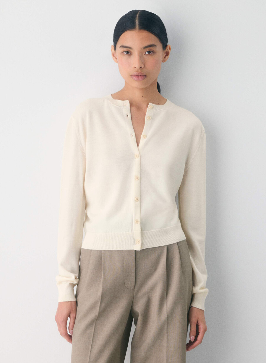 bare merino wool crew cardigan light birch