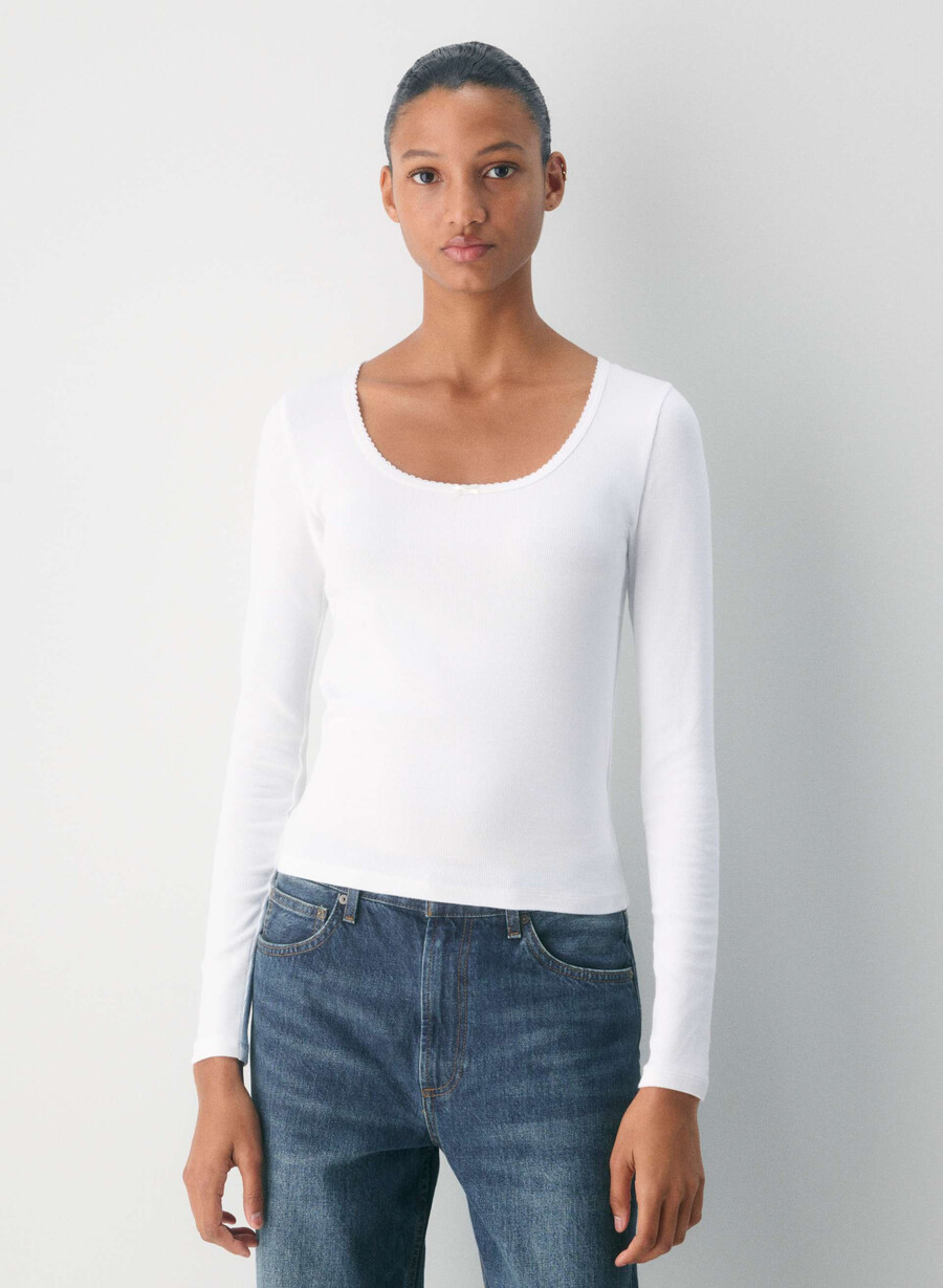 homestretch rib lace scoopneck longsleeve white