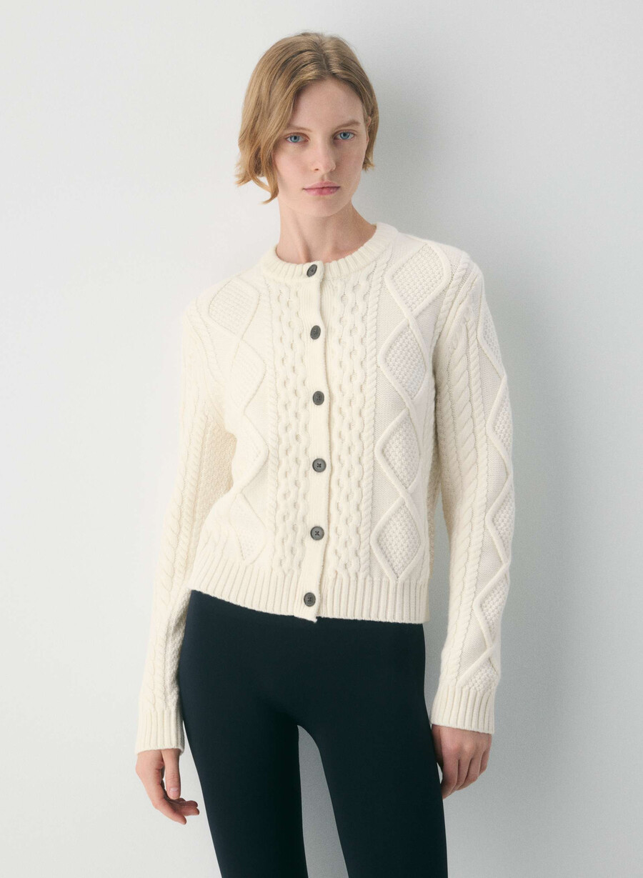 heritage knit merino wool crew cardigan whisper white