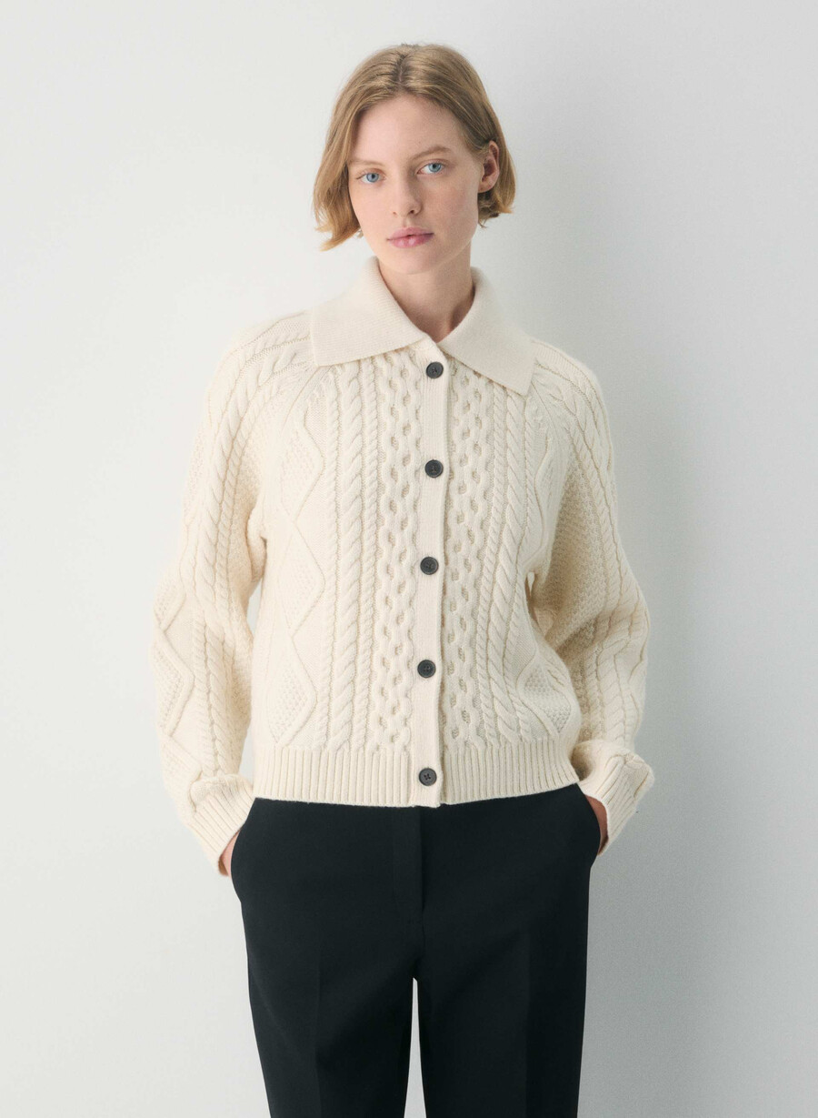heritage knit merino wool collar cardigan seaside cream