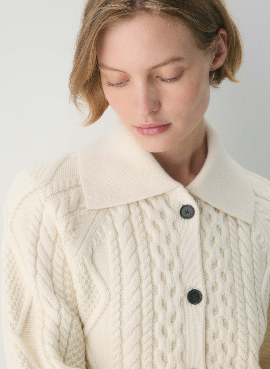 heritage knit merino wool collar cardigan seaside cream