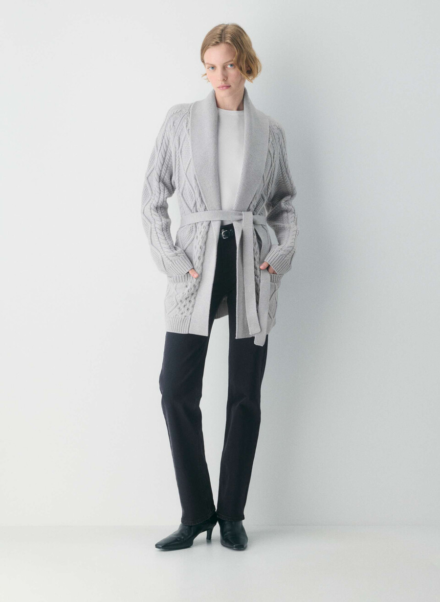 heritage knit merino wool open-front cardigan heather nomad taupe