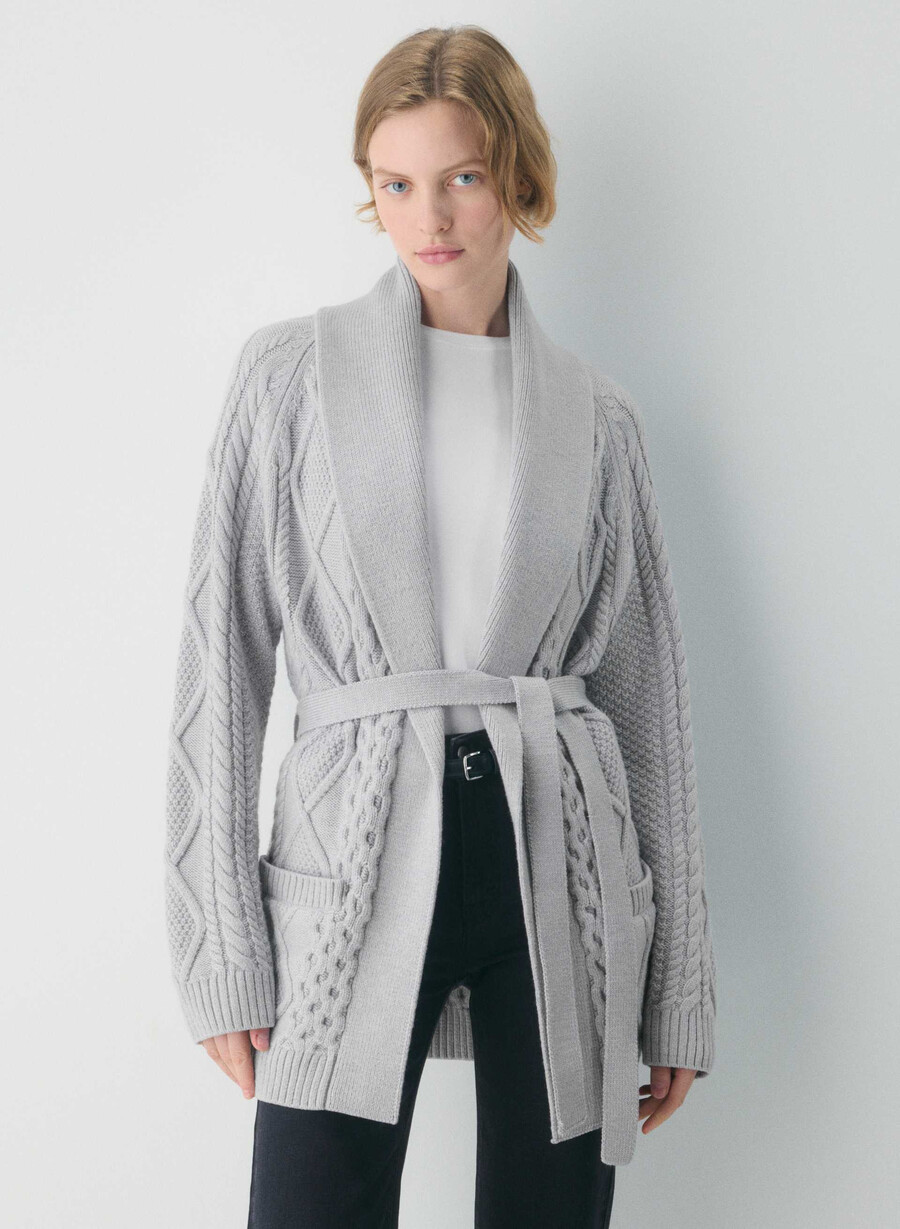 heritage knit merino wool open-front cardigan heather nomad taupe