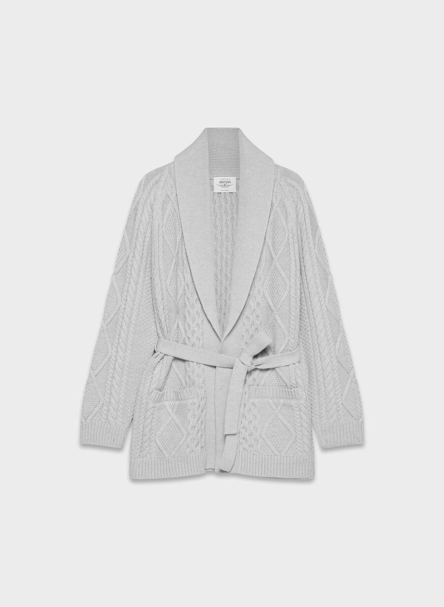 heritage knit merino wool open-front cardigan heather nomad taupe