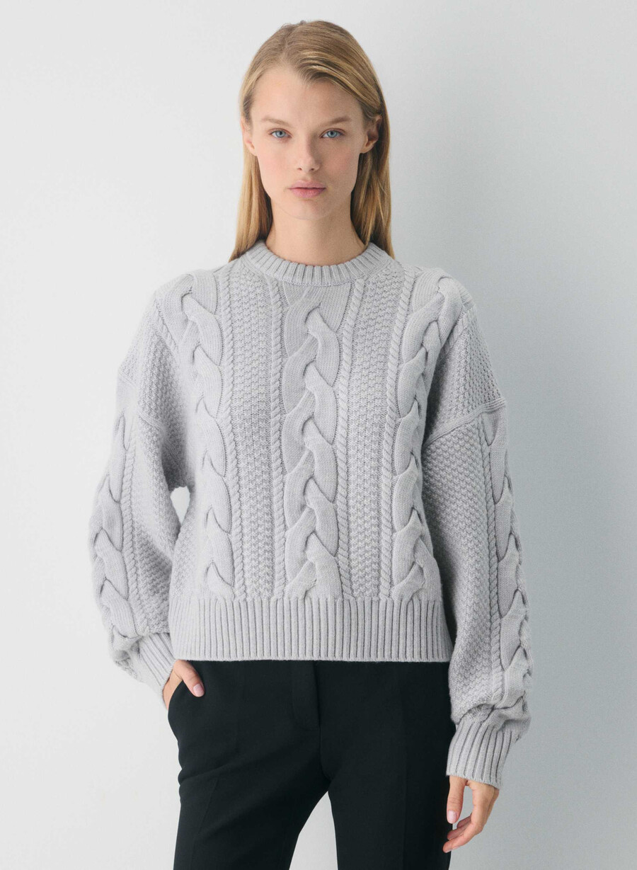 heritage knit merino wool crew hi-hip sweater heather chrome