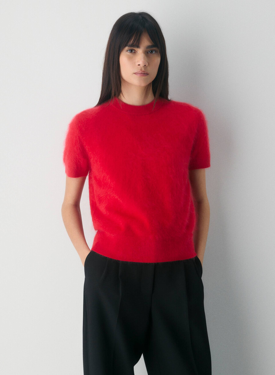 brushed cashmere shortsleeve crew sweater flashing red