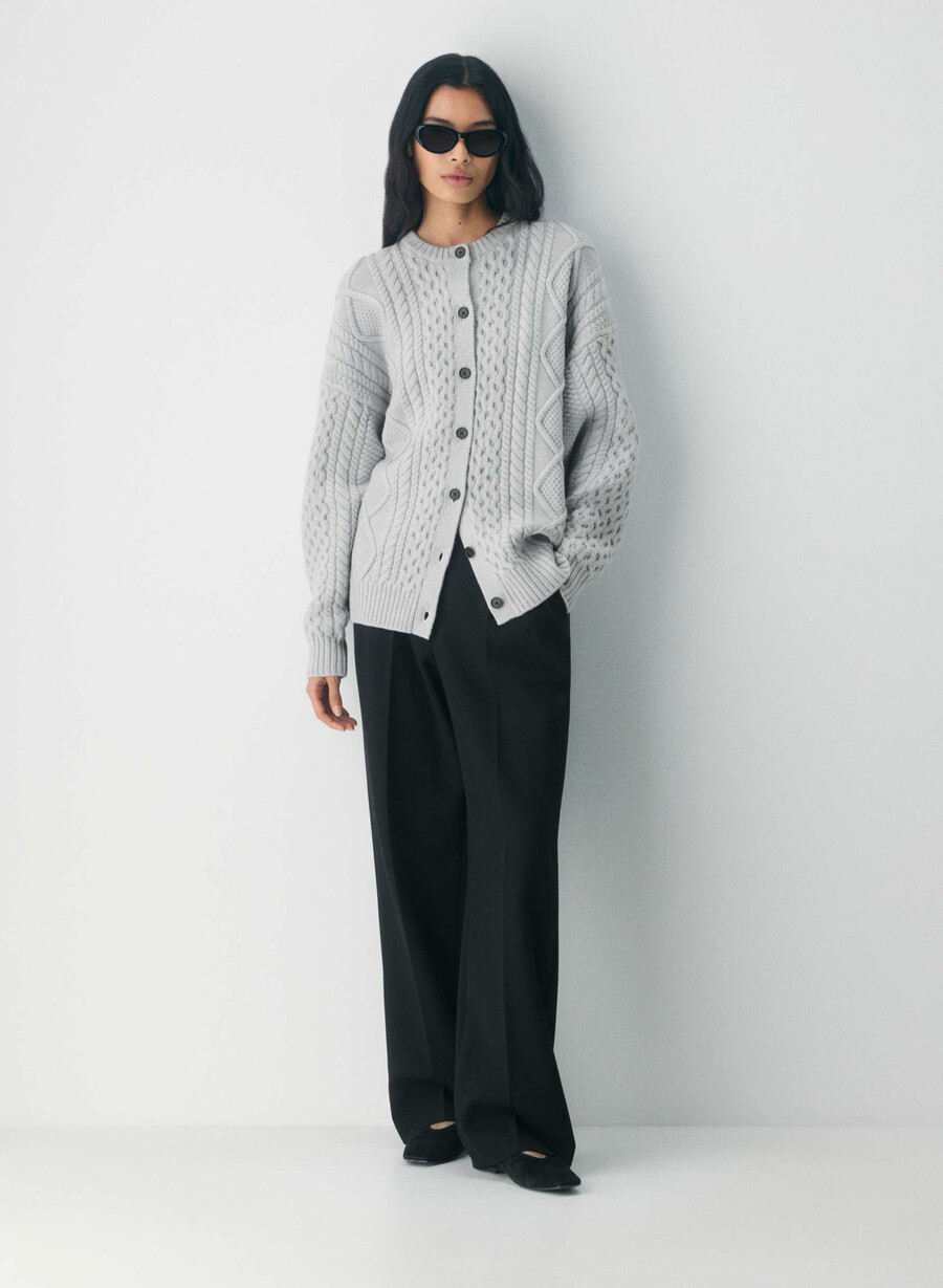 heritage knit merino wool crew cardigan heather chrome