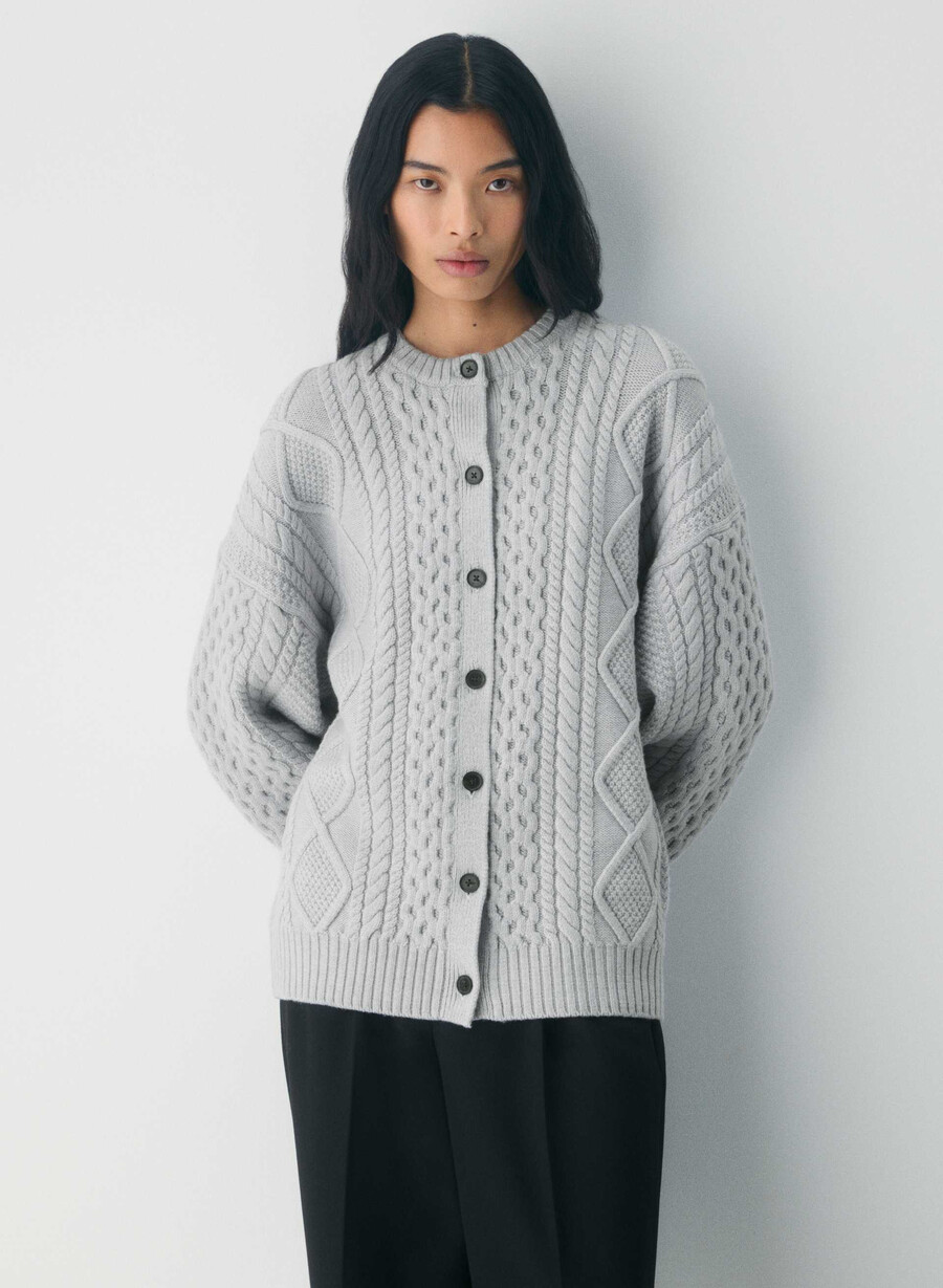 heritage knit merino wool crew cardigan heather chrome