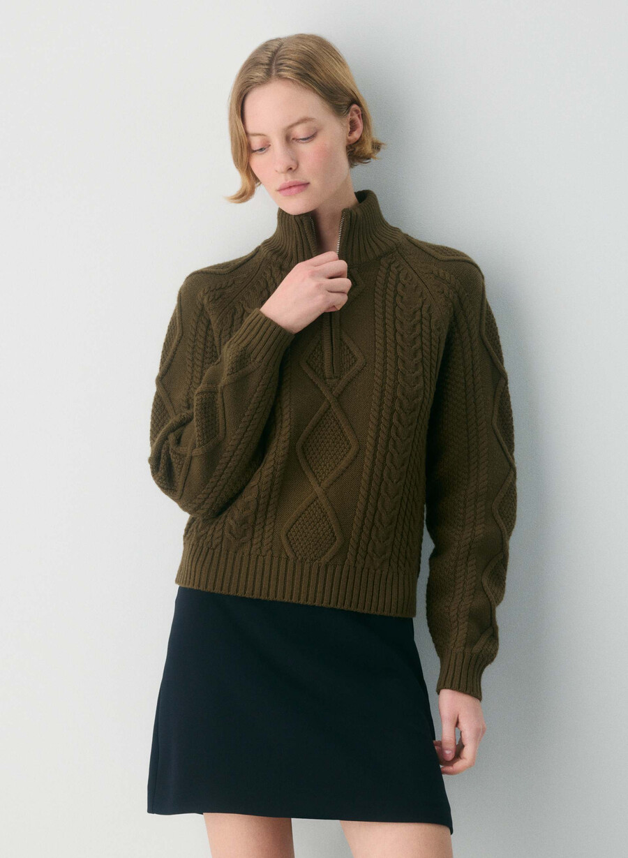 heritage merino wool 14 zip hi-hip sweater private green