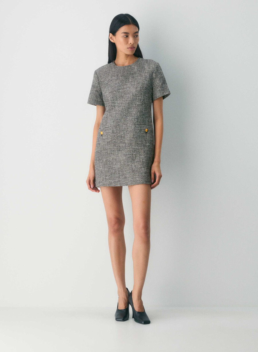 capote dress spckl tweed blkwhit