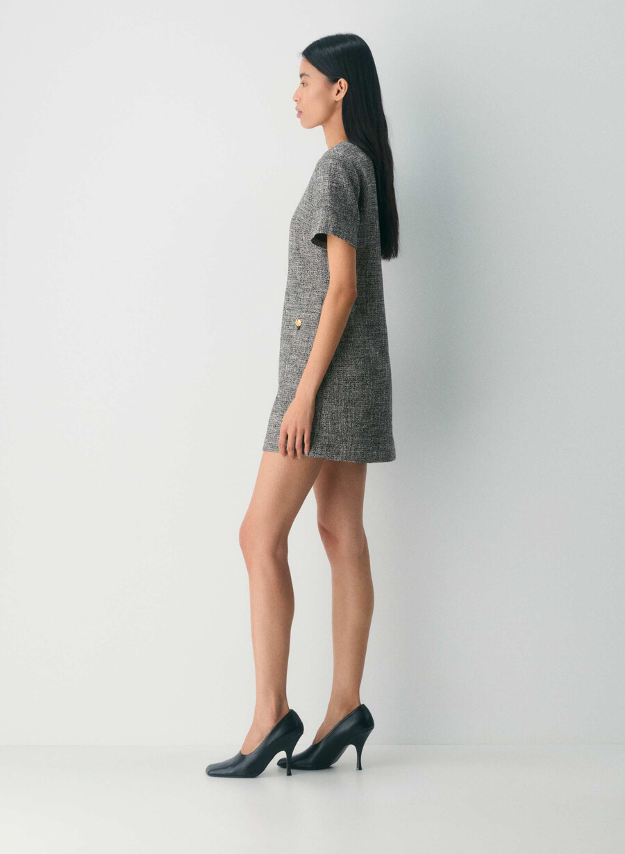 capote dress spckl tweed blkwhit