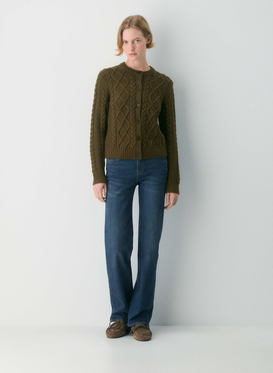 heritage knit merino wool crew hihip cardigan private green