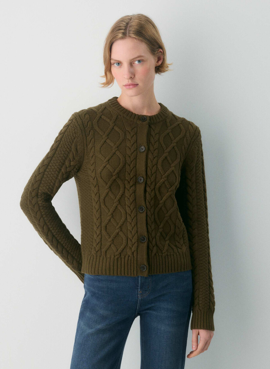 heritage knit merino wool crew hihip cardigan private green