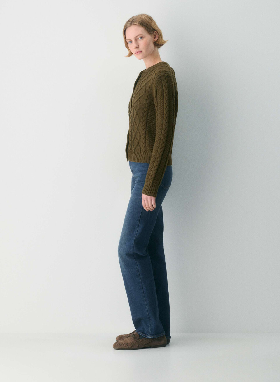 heritage knit merino wool crew hihip cardigan private green