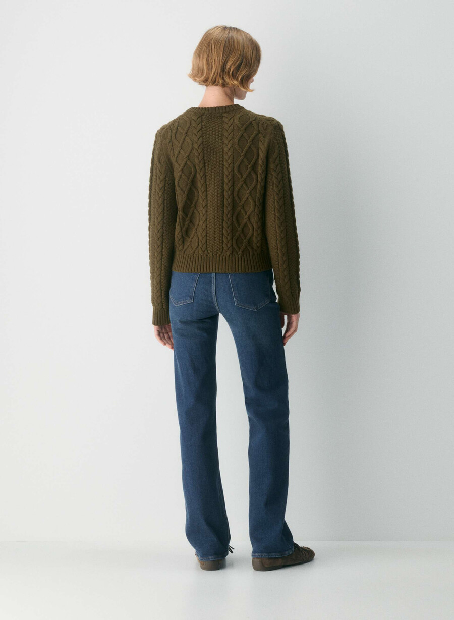 heritage knit merino wool crew hihip cardigan private green