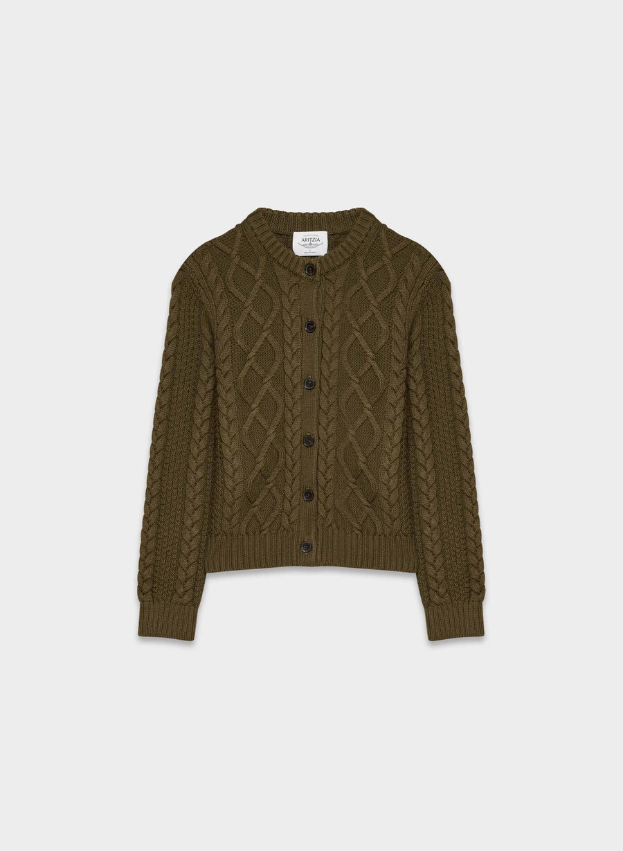 heritage knit merino wool crew hihip cardigan private green