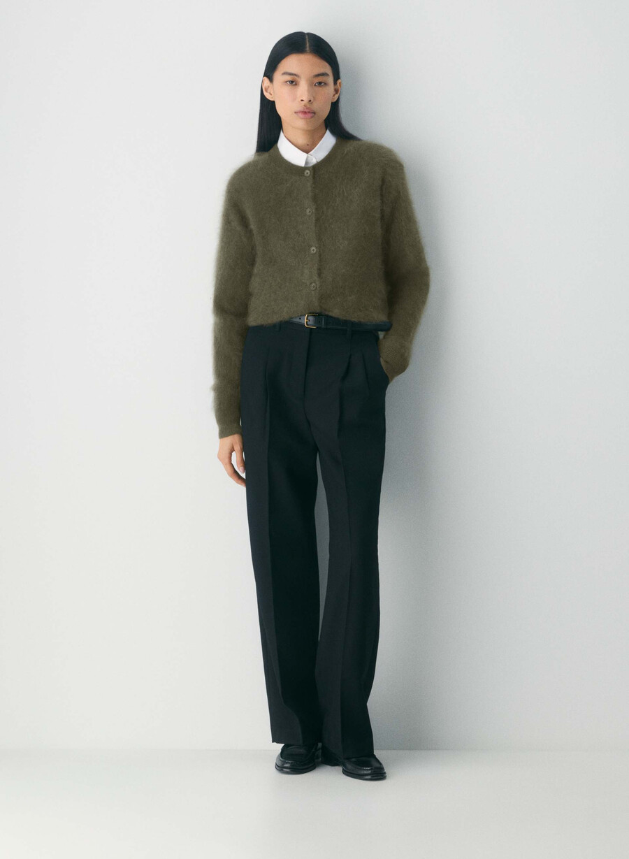 brushed cashmere relaxed crew cardigan dark olive