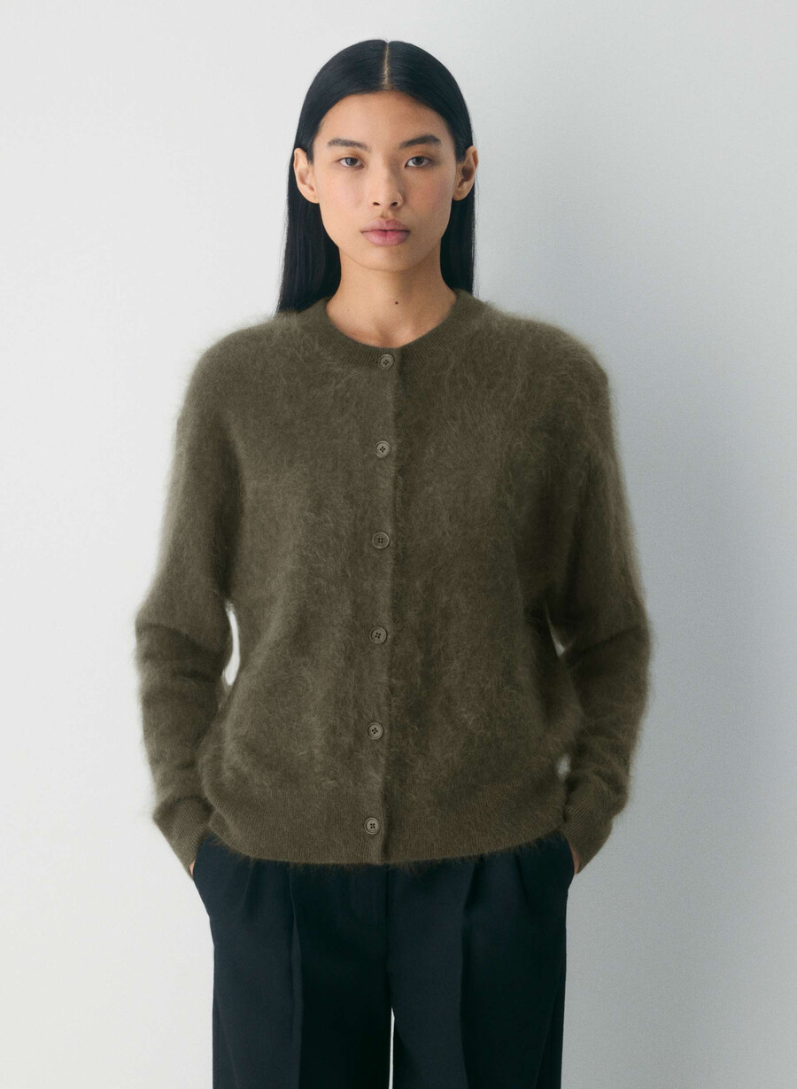 brushed cashmere relaxed crew cardigan dark olive