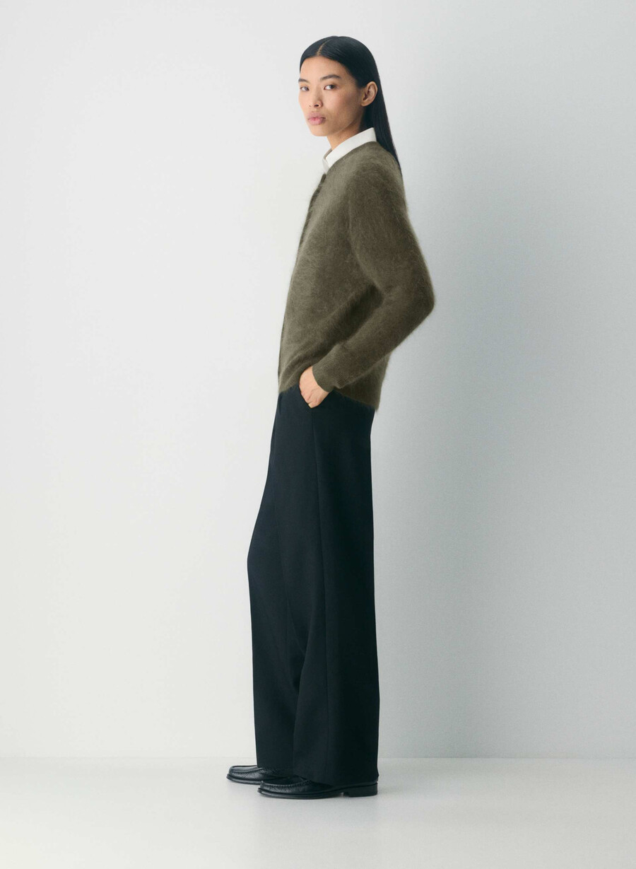 brushed cashmere relaxed crew cardigan dark olive