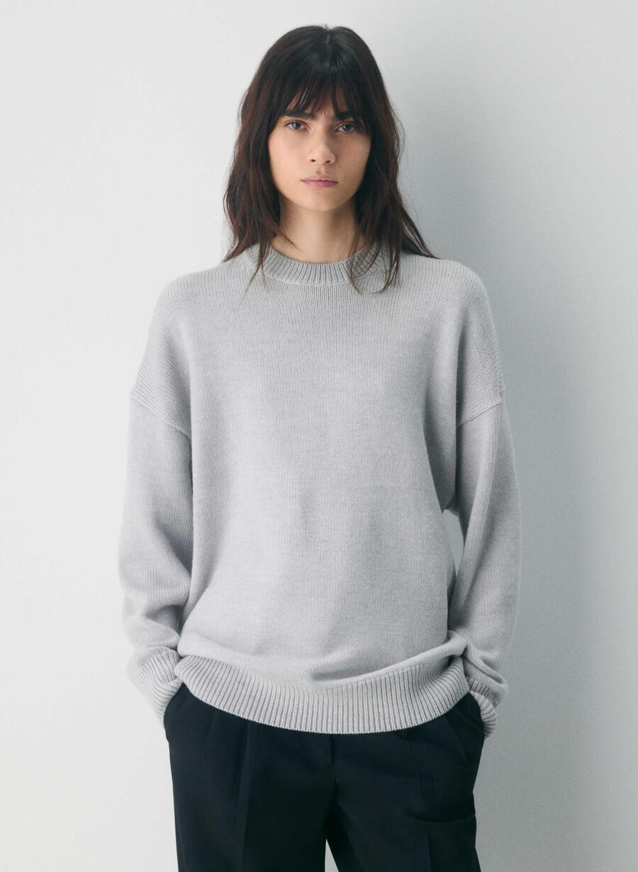chunky merino wool crew sweater heather chrome