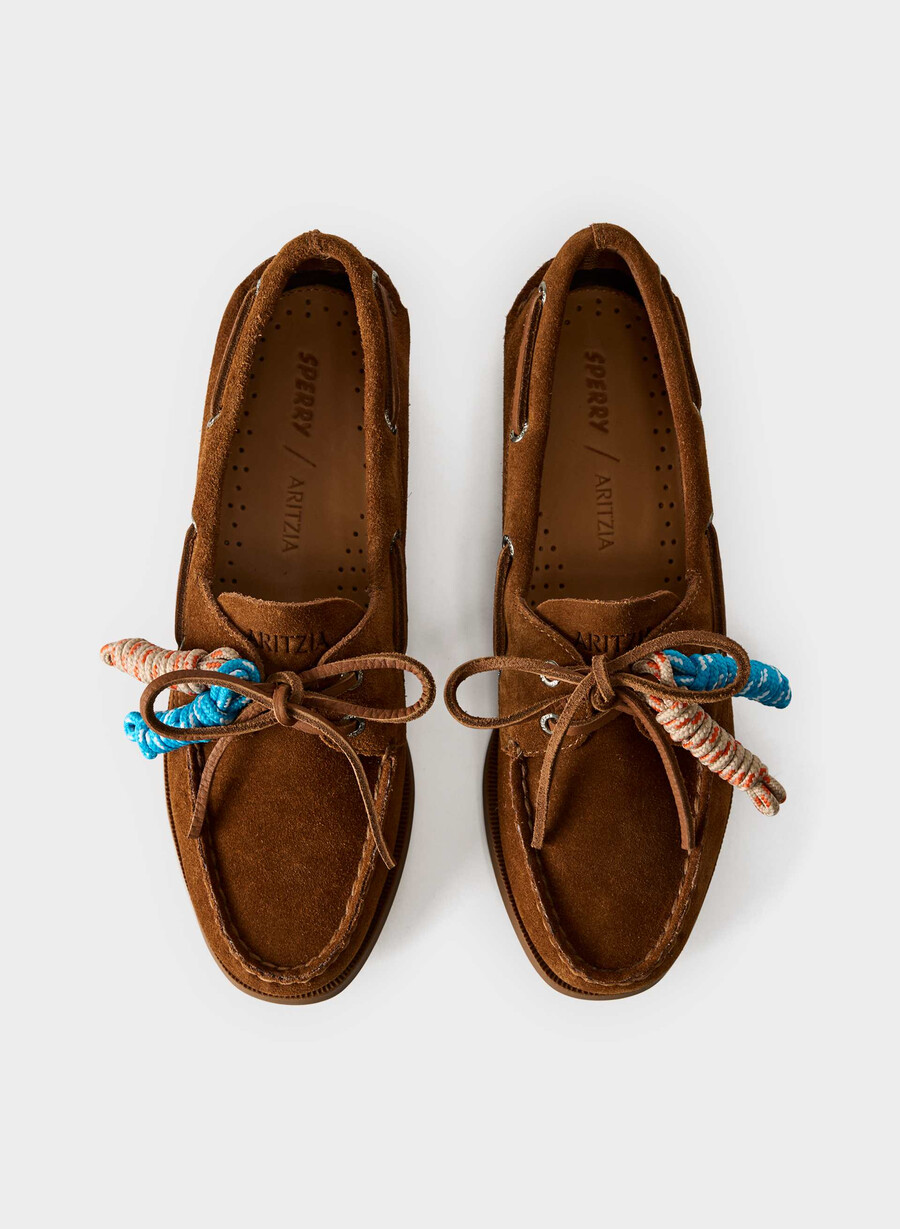sperry x aritzia ao boat shoe - suede leather chocolatier brown