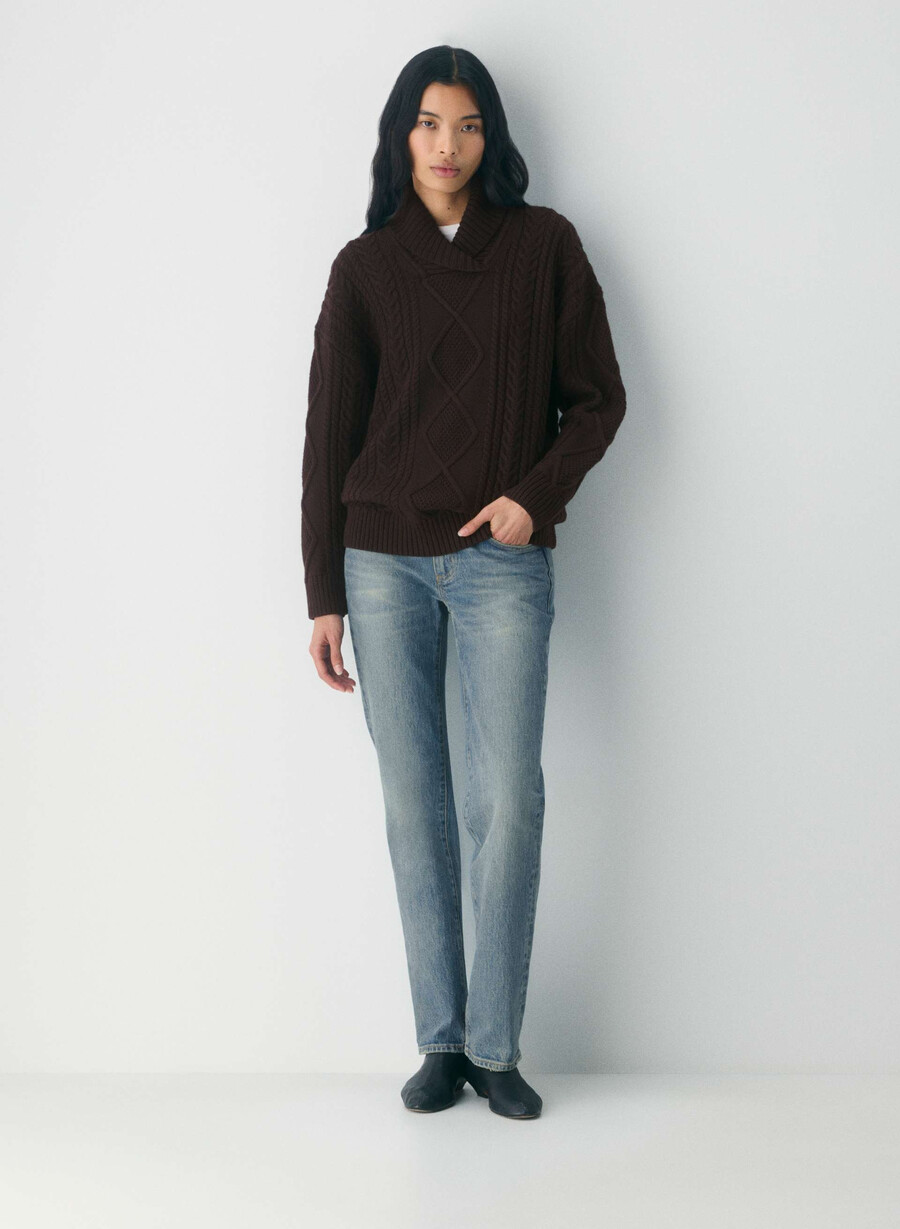 heritage knit merino wool shawl neck sweater rich mocha brown