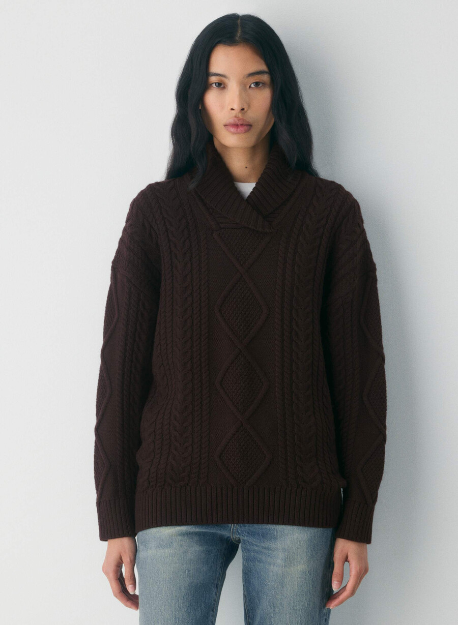 heritage knit merino wool shawl neck sweater rich mocha brown