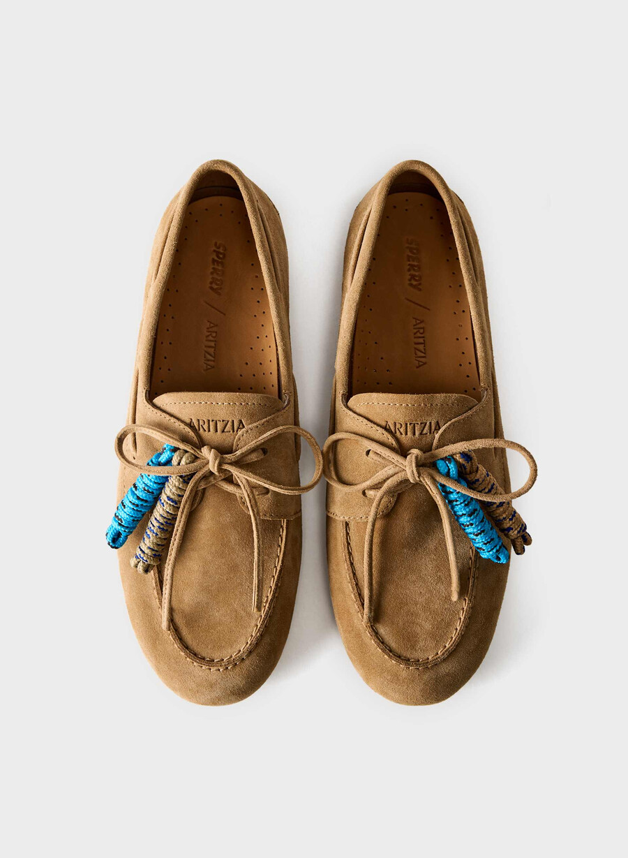 sperry x aritzia slim boat shoe - suede leather tan khaki