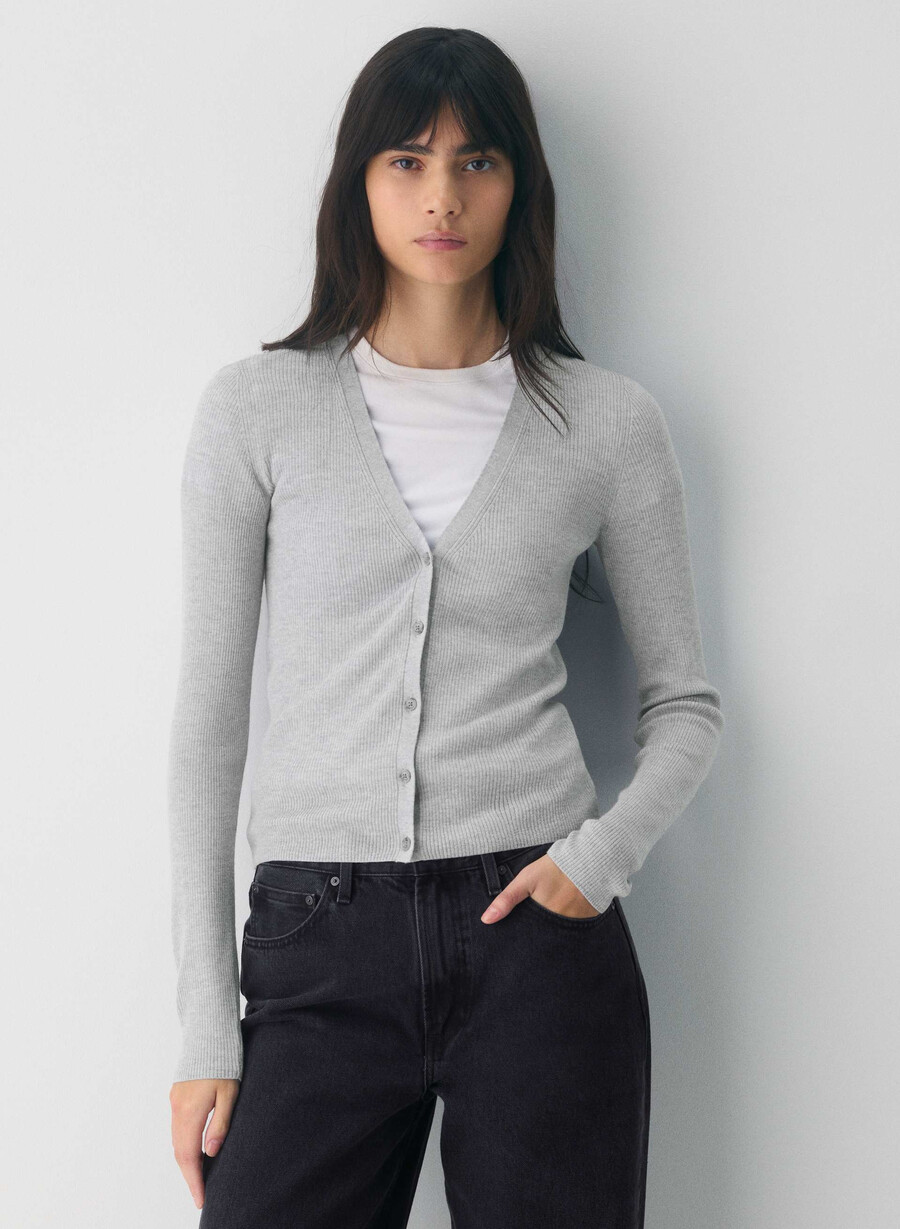 fine merino wool fieldstone cardigan heather chrome