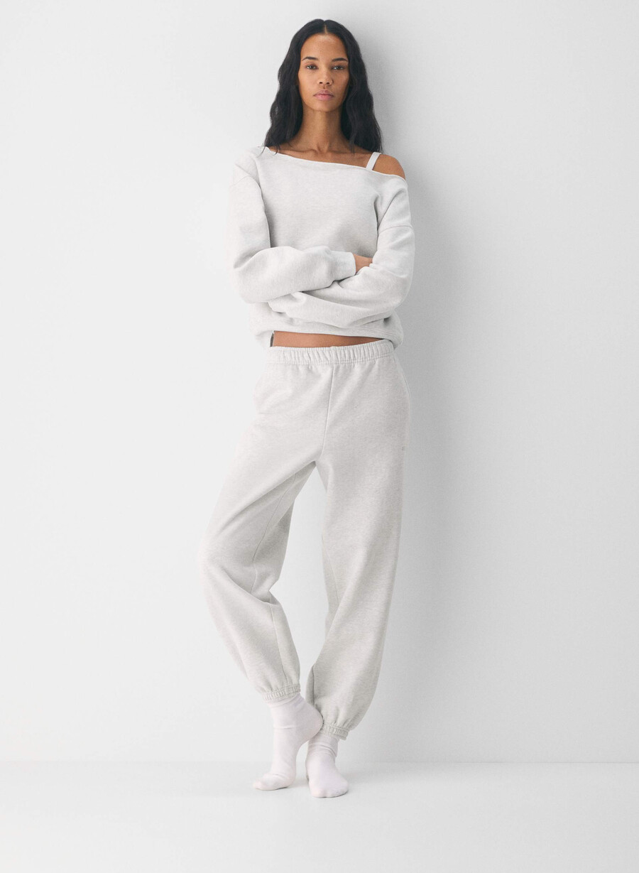 cozy sweatfleece bf off-shoulder sweatshirt heather cloud white